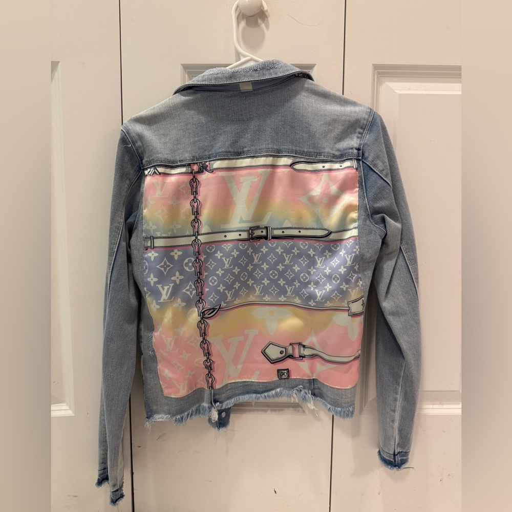 Jean jacket with Louis Vuitton Scarf backing - Medium. Adorable jacket!!!